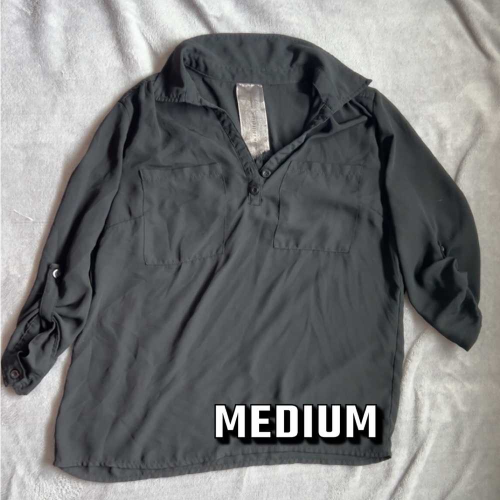Black medium sheer shirt with pockets.